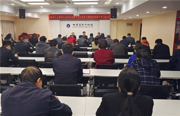 3月18日下午，甘肃省律师协会直属分会召开律师行业突出问题专项治理学习教育阶段集中学习会议，甘肃省律师协会副会长、直属分会会长赵耀，直属分会党总支书记、副会长王森，直属分会党总支副书记孙赓出席会议，直